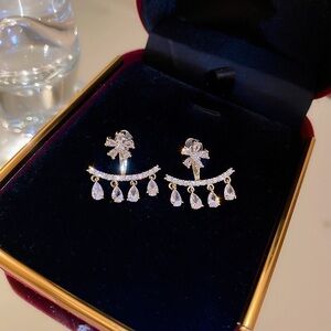 Gold Crystal Floral Drop Earrings - Sparkling Clear Stones